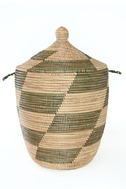Set of Three Green and Cream Mixed Pattern Hampers