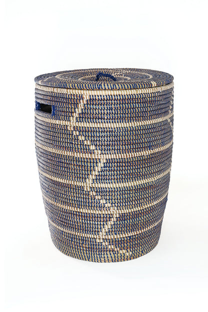 Set of Three Blue and White Beveled Block Nesting Hamper Baskets