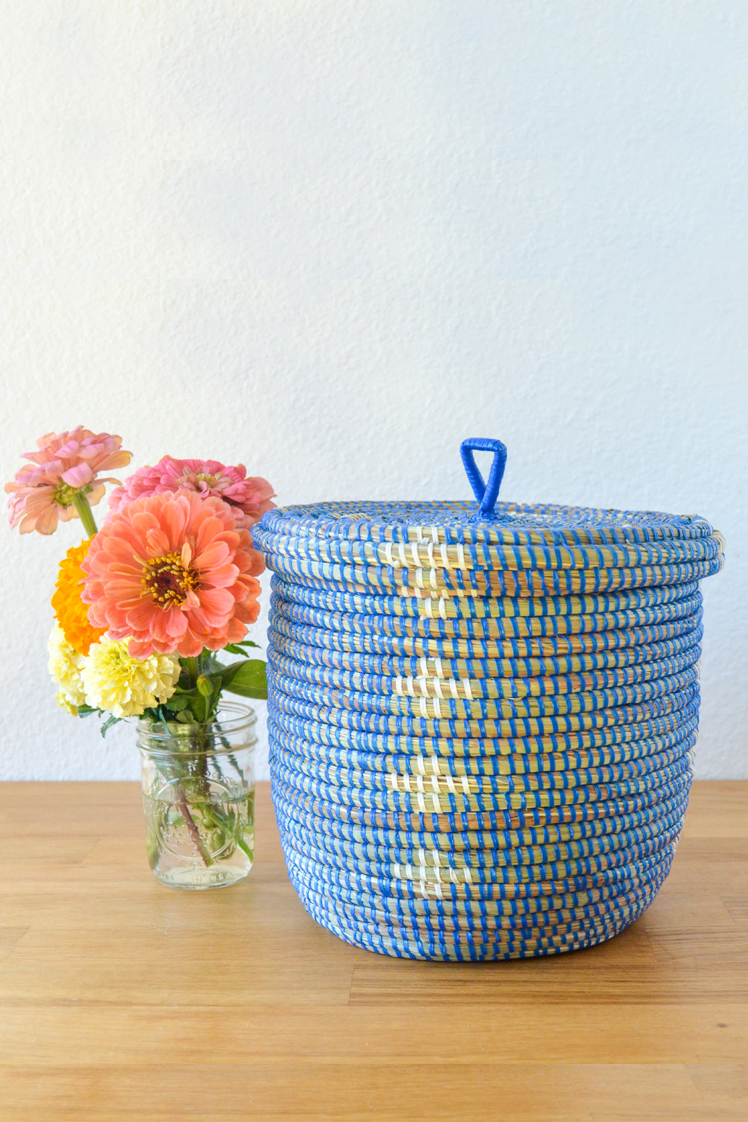 Blue and White Blossom Lidded Storage Basket